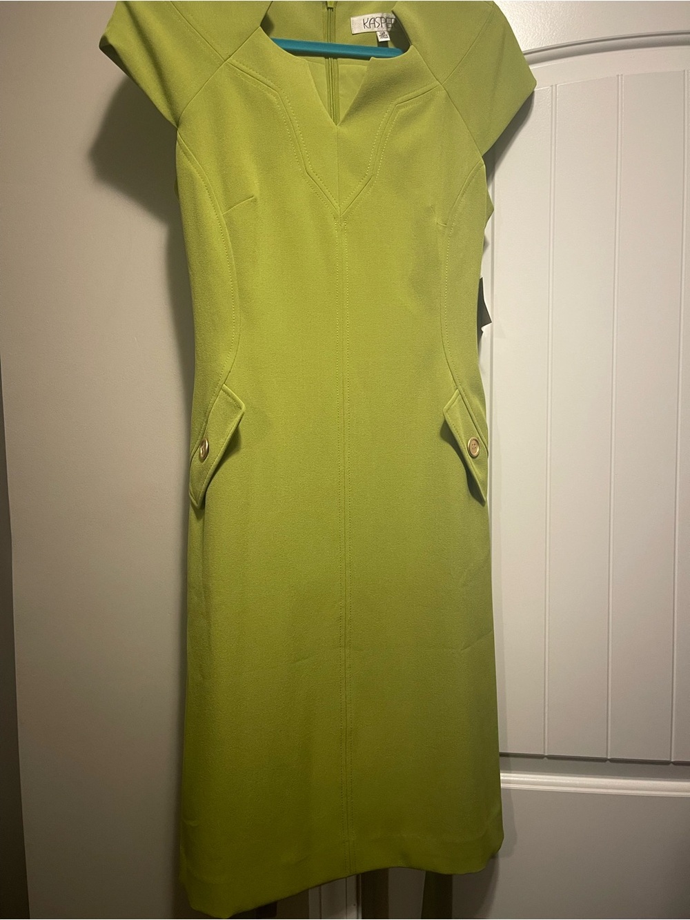 Kasper Lime Green Cap Sleeve Sheath Dress with Flap Pockets